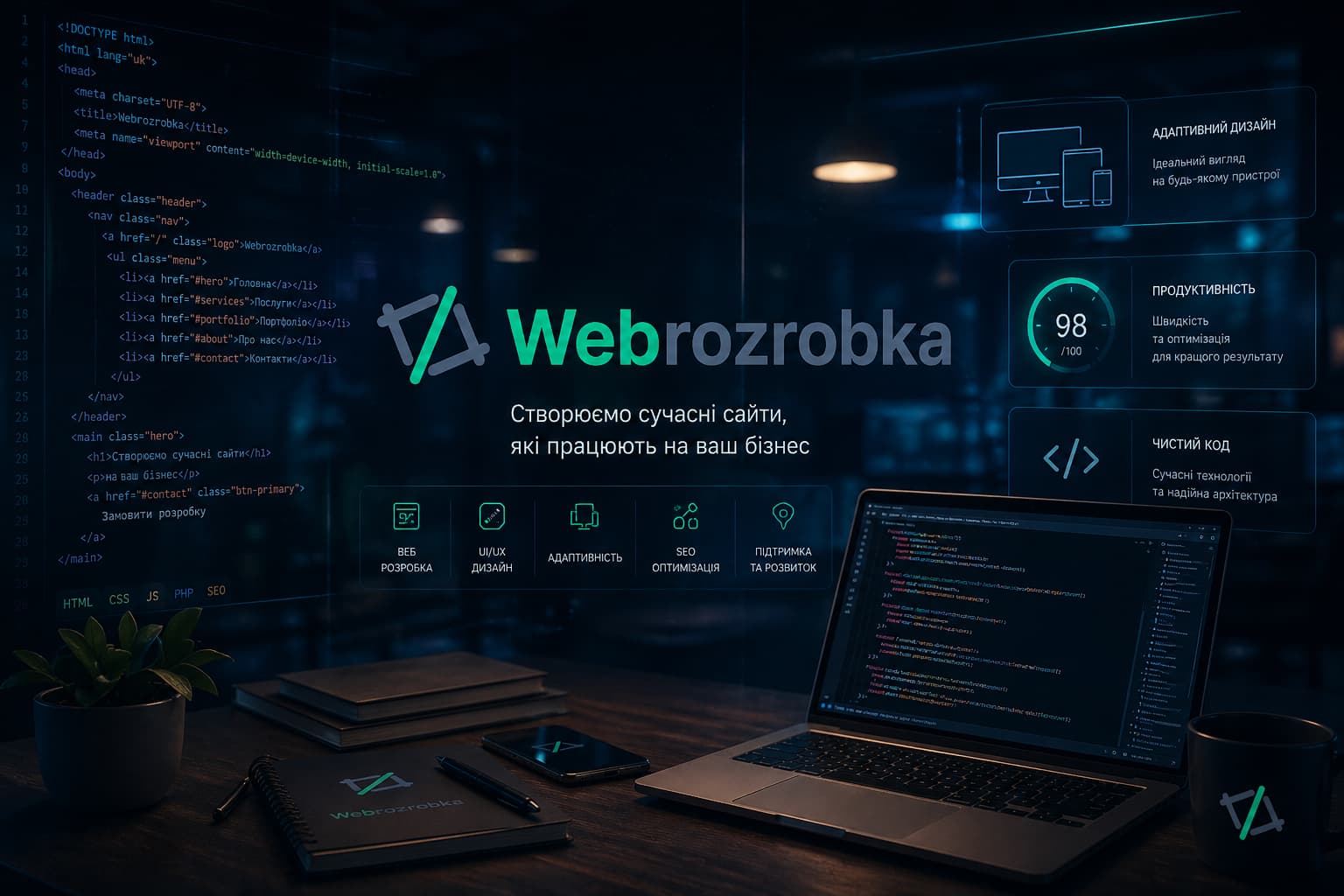 Банер Webrozrobka для веброзробки сайтів із сучасним інтерфейсом, ноутбуком та зеленими технологічними акцентами
