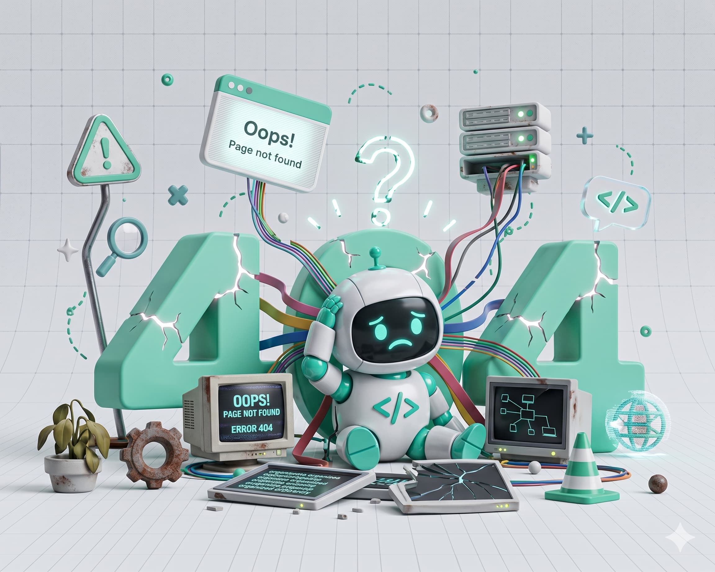 3D-ілюстрація сторінки помилки 404 з розгубленим роботом-програмістом, серверами та зламаними моніторами в біло-бірюзових тонах.