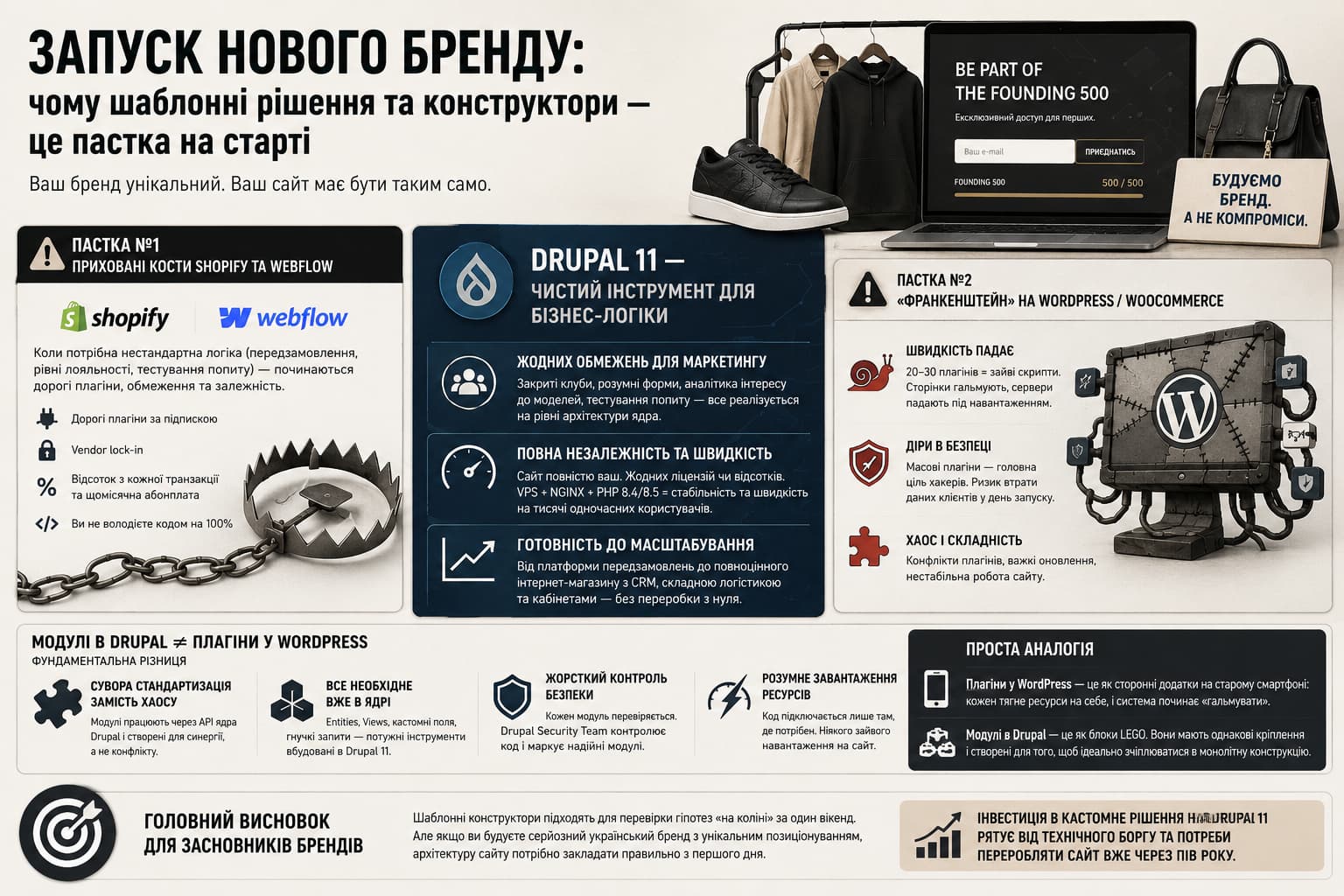 Порівняльна інфографіка Drupal, WordPress та Shopify для веброзробки бізнес-сайтів.