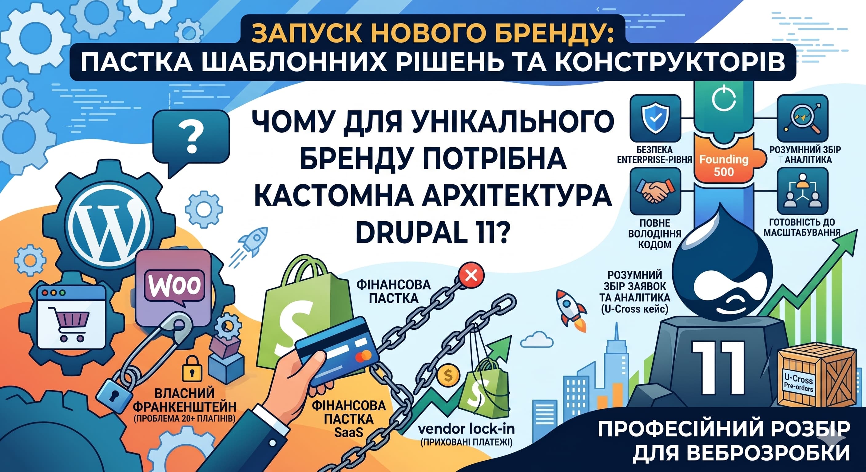 Порівняльна інфографіка Drupal 11, WordPress та Shopify для веброзробки бізнес-сайтів.