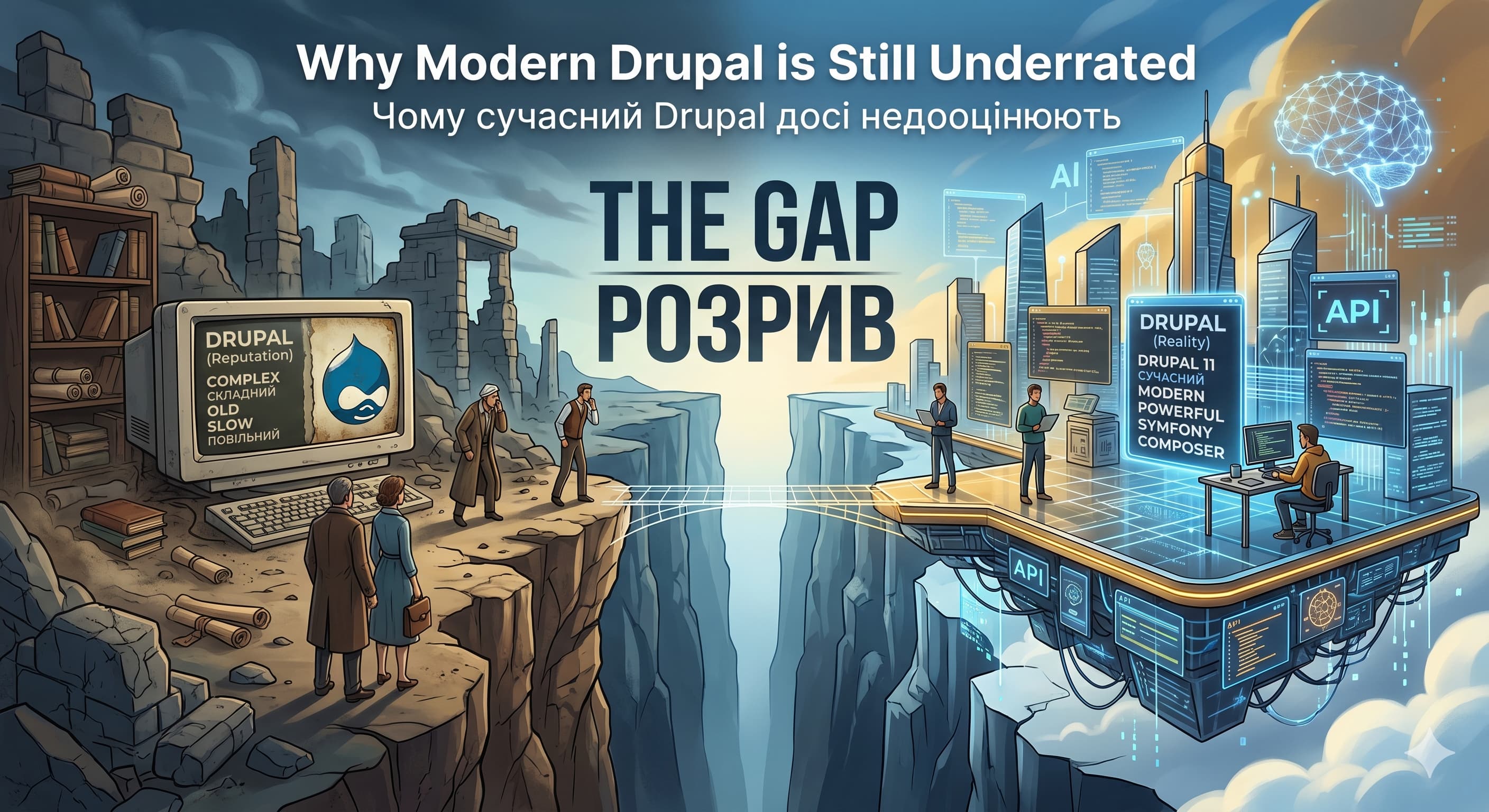 Концептуальна ілюстрація розриву між репутацією та реальністю Drupal. Зліва — застарілі стереотипи на старому моніторі серед руїн, справа — сучасні технології Drupal 11, AI та Symfony на футуристичній платформі.