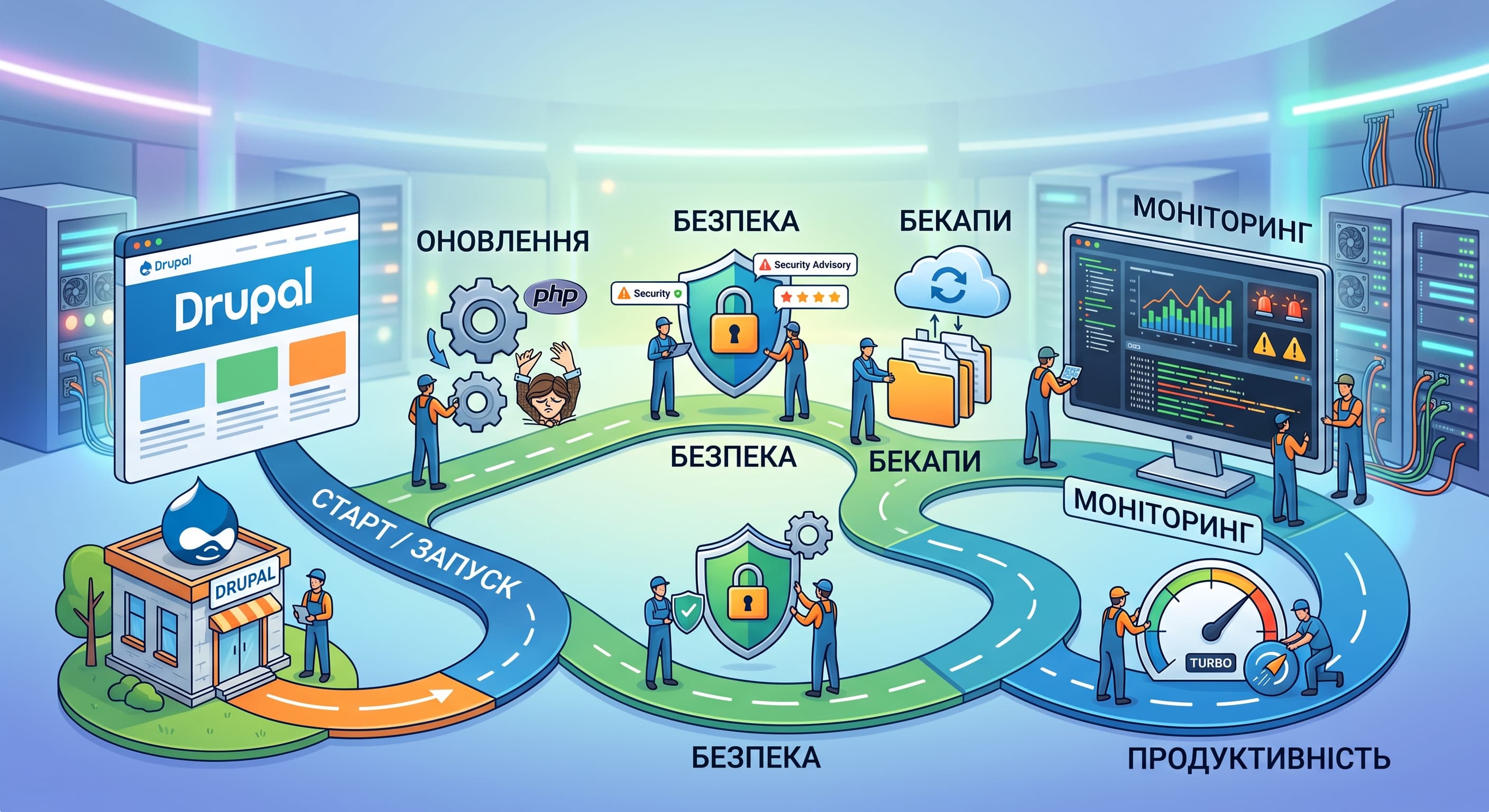 Ізометрична інфографіка з логотипом Drupal та шляхом користувача через етапи