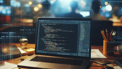 Laptop displaying code on a desk with notebook, smartphone, and blurred people in background.