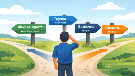 Man standing at a forked road, deciding between four colorful signposts pointing in different directions.
