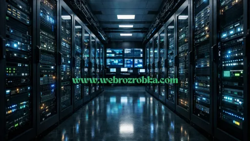 Сучасна серверна кімната з рядами підсвічених серверів та екраном на задній стіні.