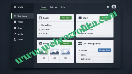 Dark-themed CMS dashboard with menu and content management panels.