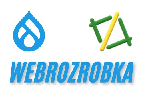 Синій текст "WEBROZROBKA" з двома абстрактними логотипами над ним на білому фоні.