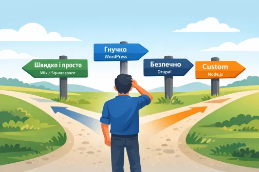 Man standing at a forked road, deciding between four colorful signposts pointing in different directions.