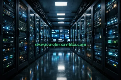 Сучасна серверна кімната з рядами підсвічених серверів та екраном на задній стіні.